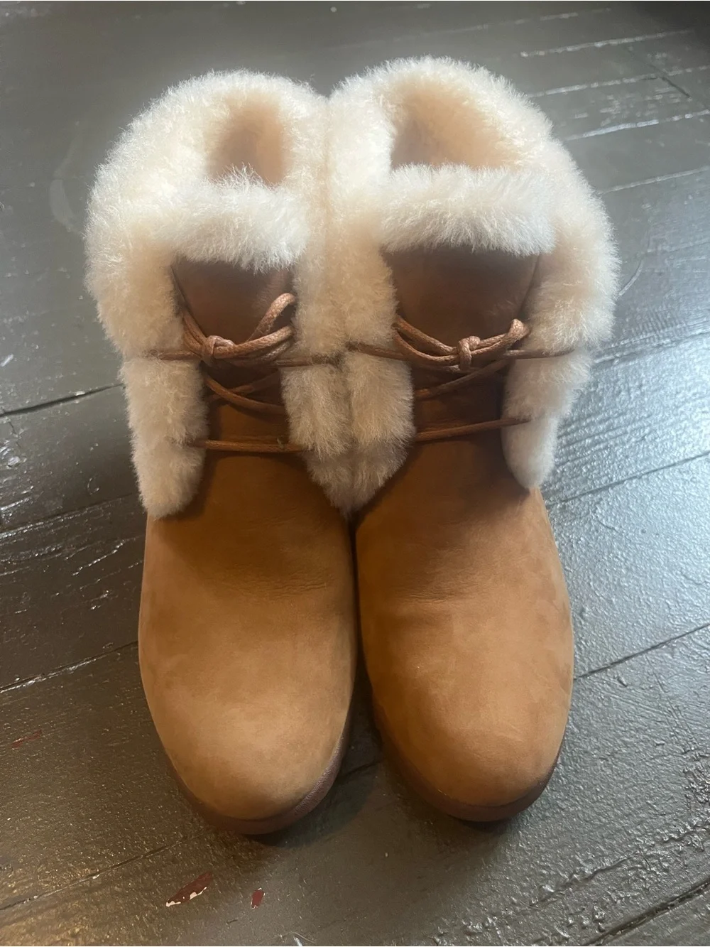 UGG Jeovana Chestnut Suede Wedge Booties with White Shearling Trim waterproof